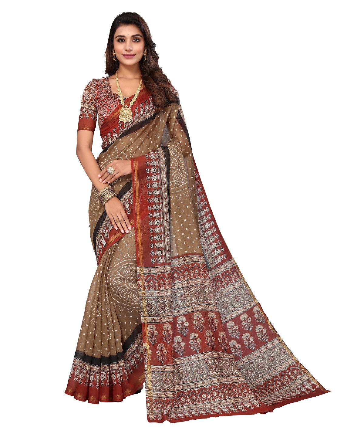 Vamika Linen Jari Border Brown Bollywood Style Saree - Distacart