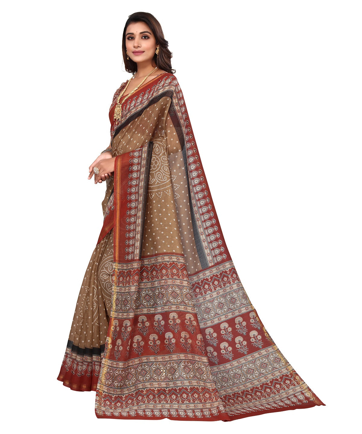 Vamika Linen Jari Border Brown Bollywood Style Saree - Distacart