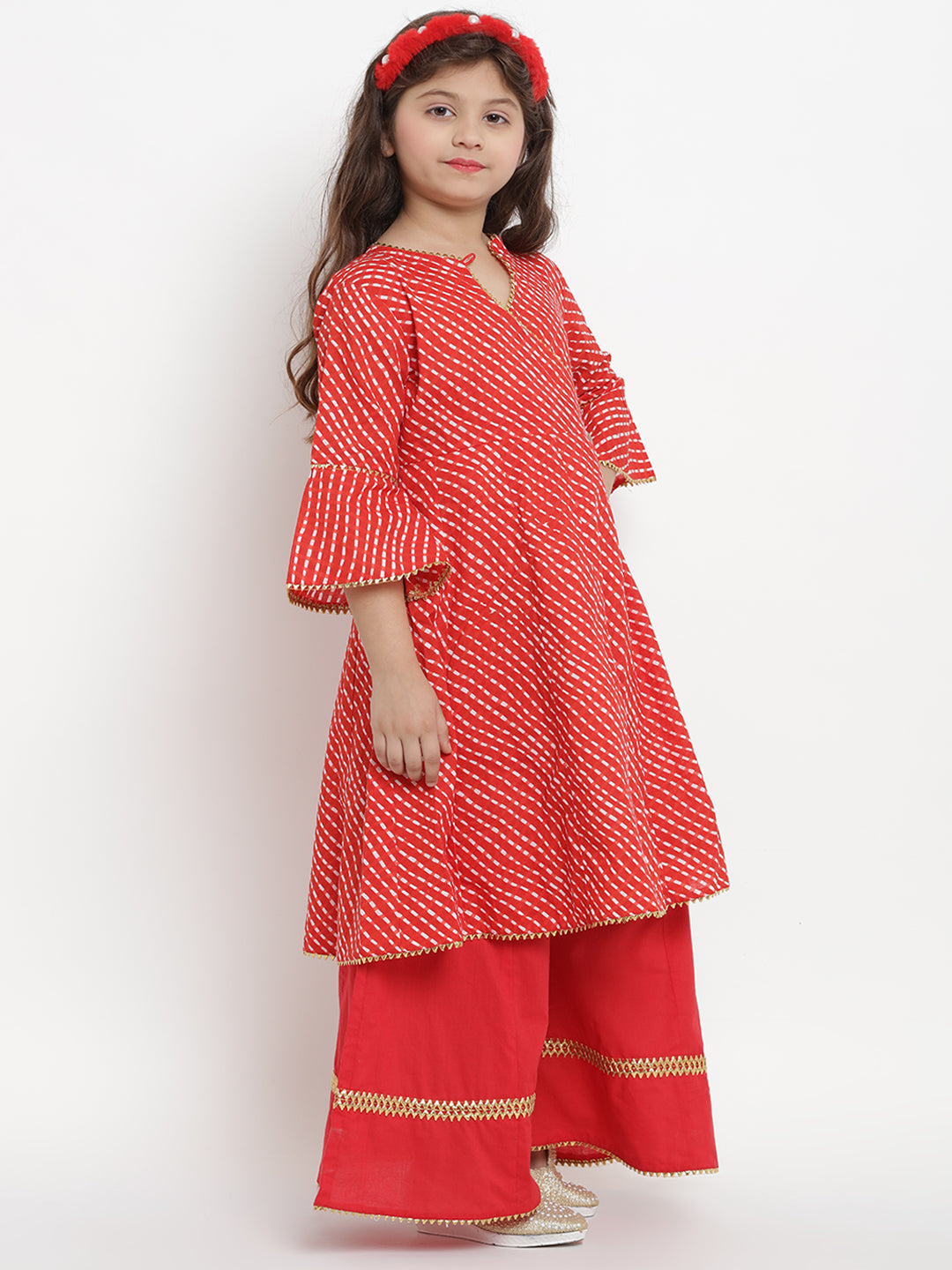 Girls Red Leheriya Printed Angrakha Kurta With Solid Palazzos for Kids - Bhama - Distacart