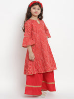 Thumbnail for Girls Red Leheriya Printed Angrakha Kurta With Solid Palazzos for Kids - Bhama - Distacart