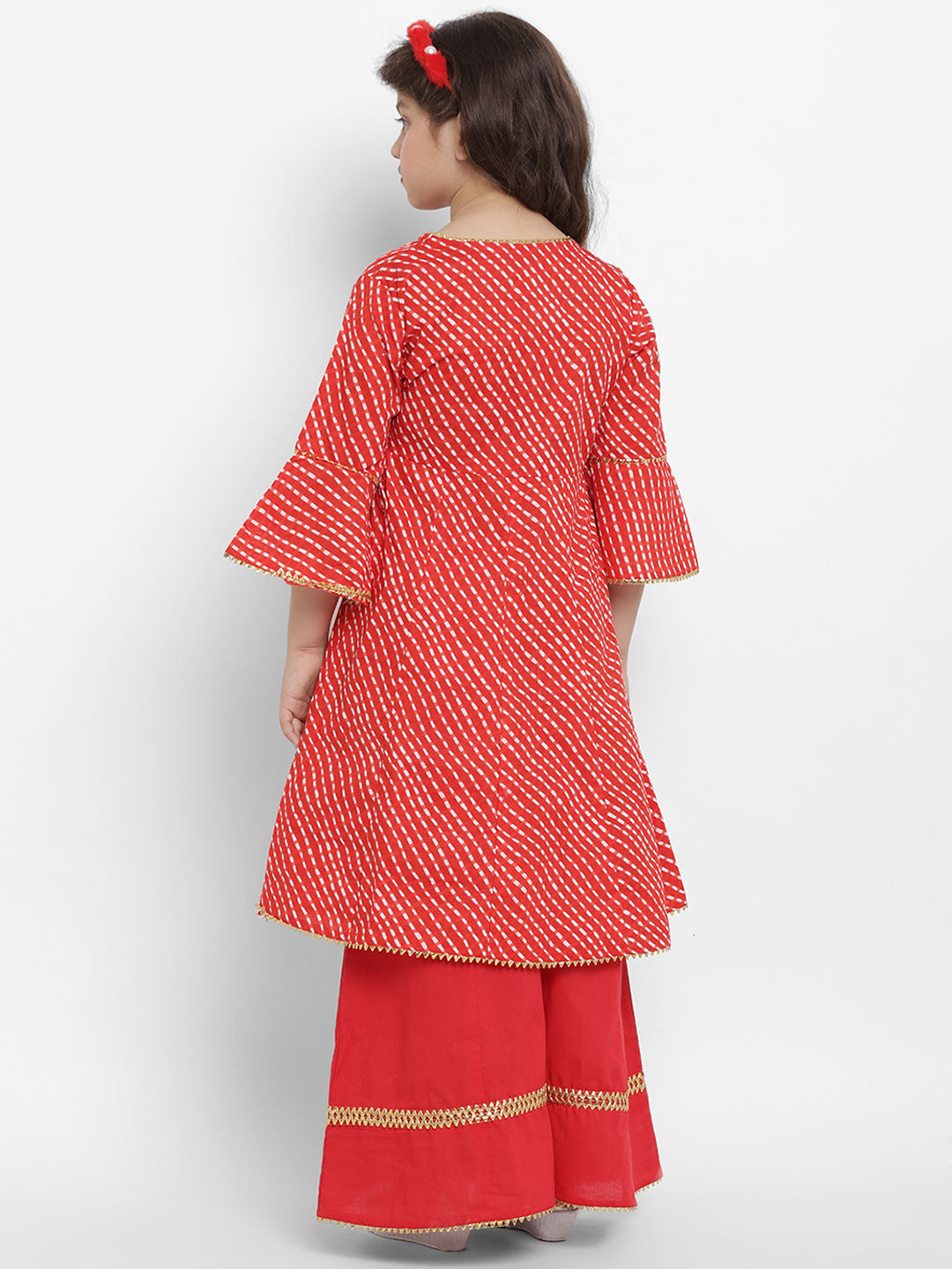 Girls Red Leheriya Printed Angrakha Kurta With Solid Palazzos for Kids - Bhama - Distacart