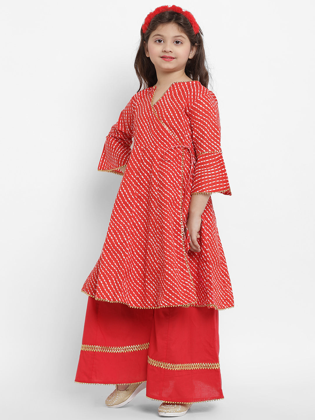 Girls Red Leheriya Printed Angrakha Kurta With Solid Palazzos for Kids - Bhama - Distacart