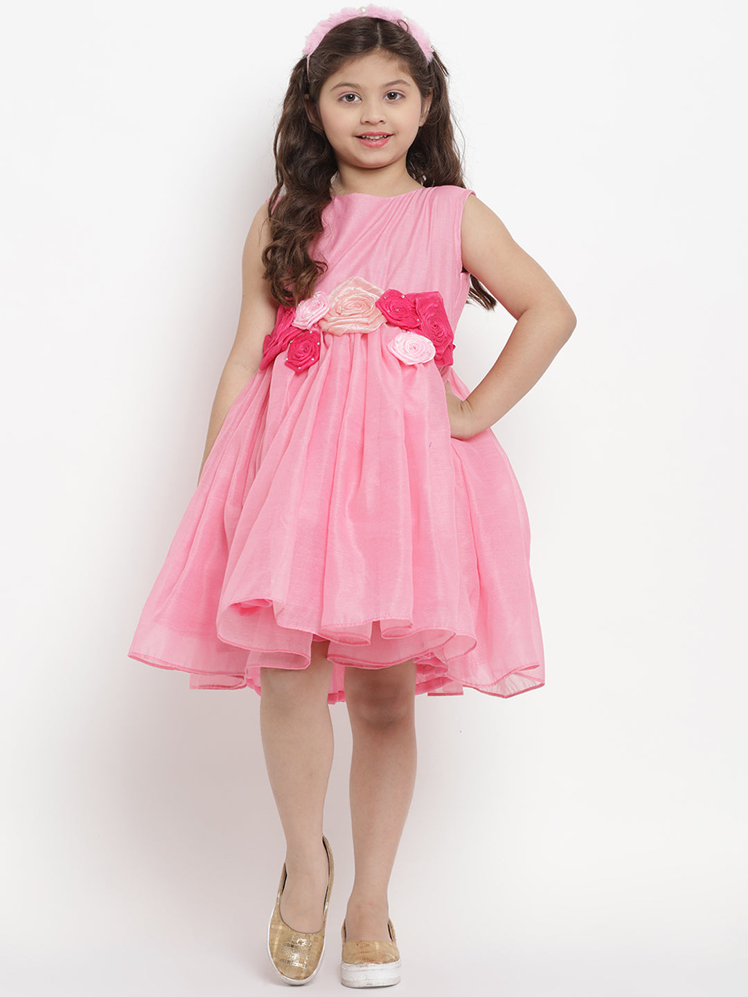Girls Pink Layered Flared Dress for Kids - Bhama - Distacart