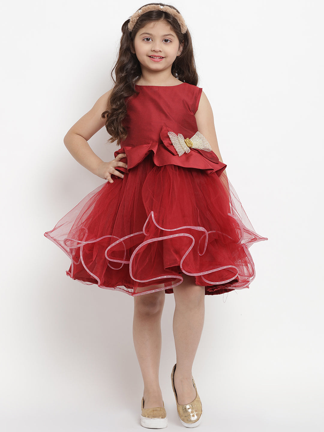 Girls Maroon Solid Layered Dress for Kids - Bhama - Distacart