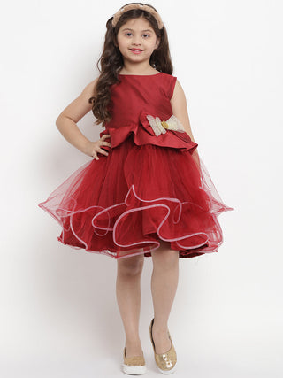 Girls Maroon Solid Layered Dress for Kids - Bhama - Distacart