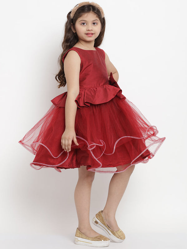 Girls Maroon Solid Layered Dress for Kids - Bhama - Distacart