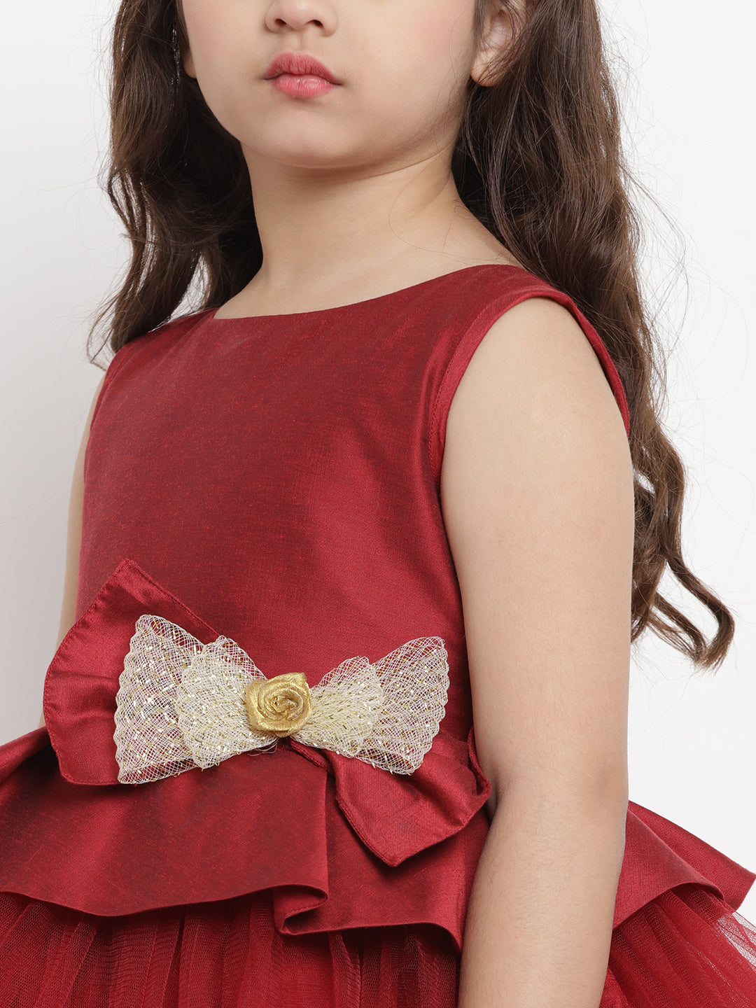 Girls Maroon Solid Layered Dress for Kids - Bhama - Distacart