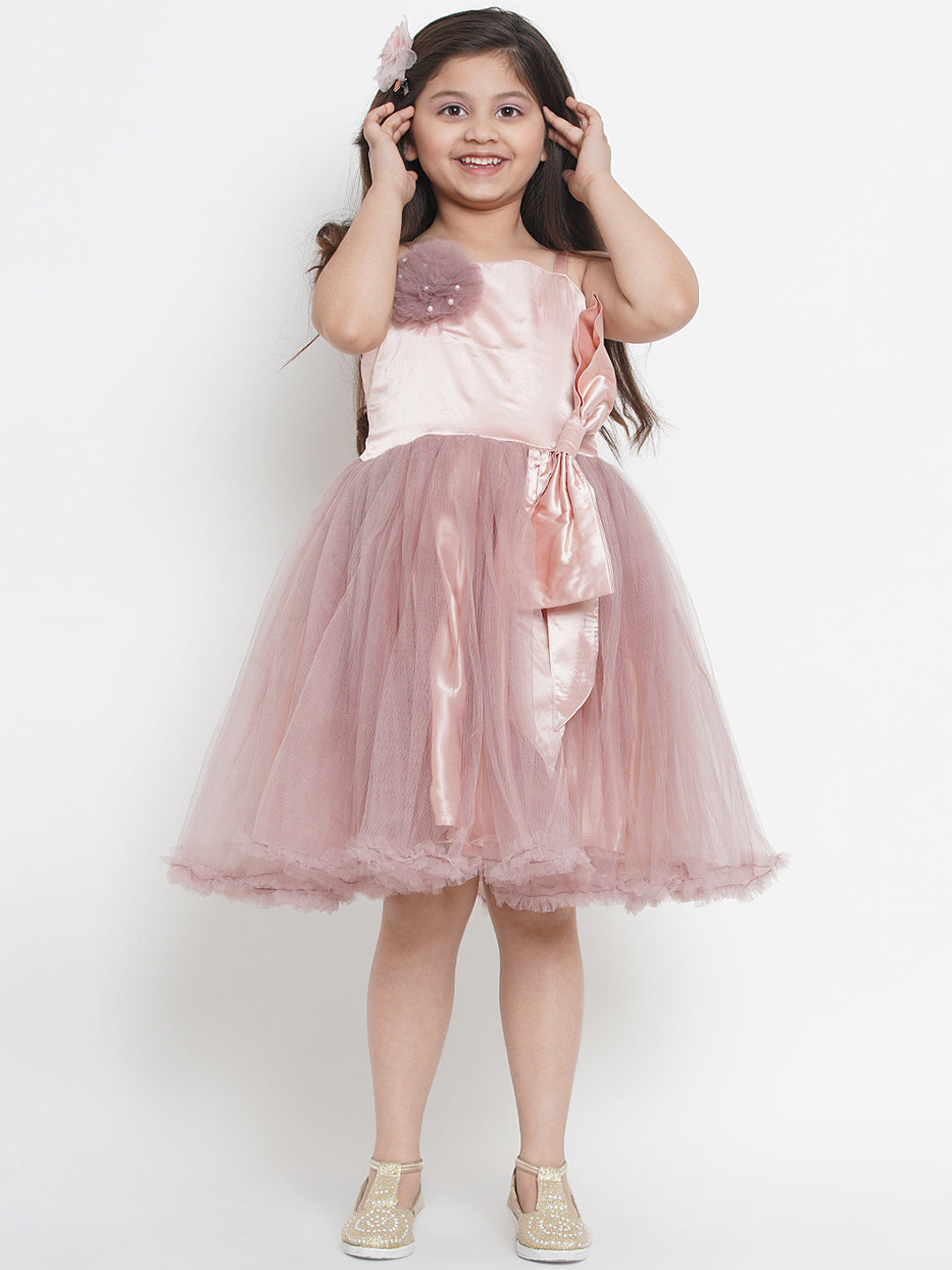 Girls Peach-Coloured Colourblocked Fit and Flare Dress for Kids - Bhama - Distacart