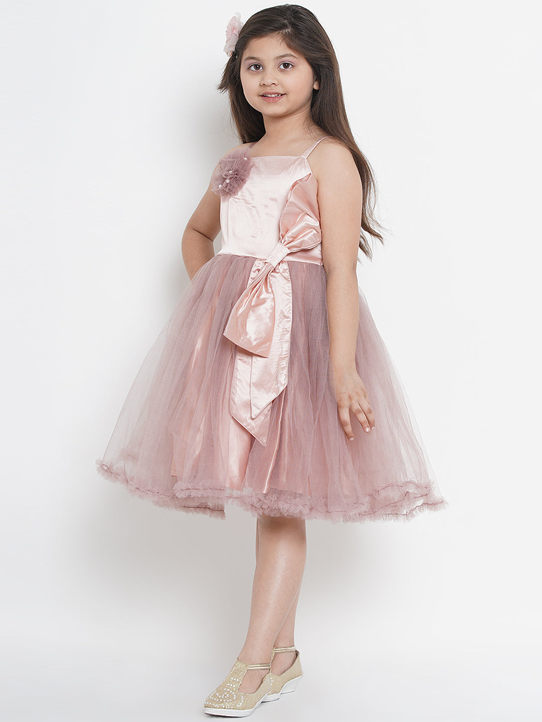 Girls Peach-Coloured Colourblocked Fit and Flare Dress for Kids - Bhama - Distacart