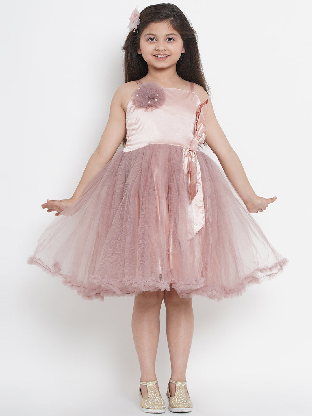 Girls Peach-Coloured Colourblocked Fit and Flare Dress for Kids - Bhama - Distacart