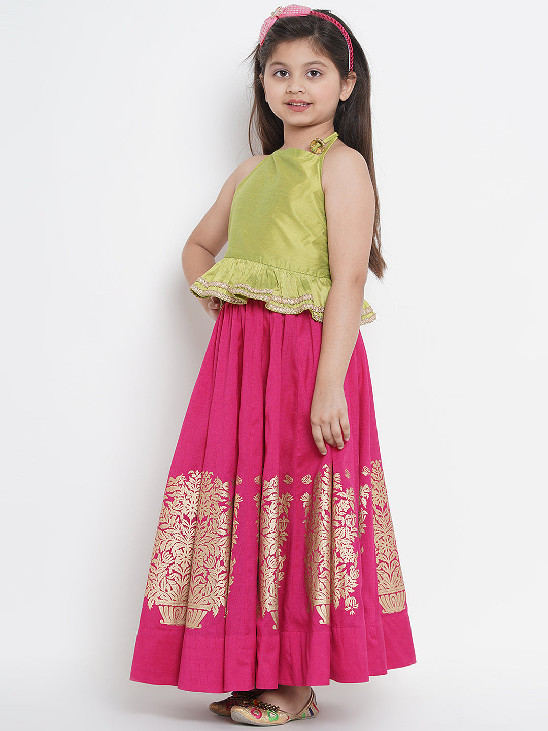 Girls Green & Fuchsia Solid Ready To Wear Lehenga & Blouse With Dupatta for Kids - Bhama - Distacart