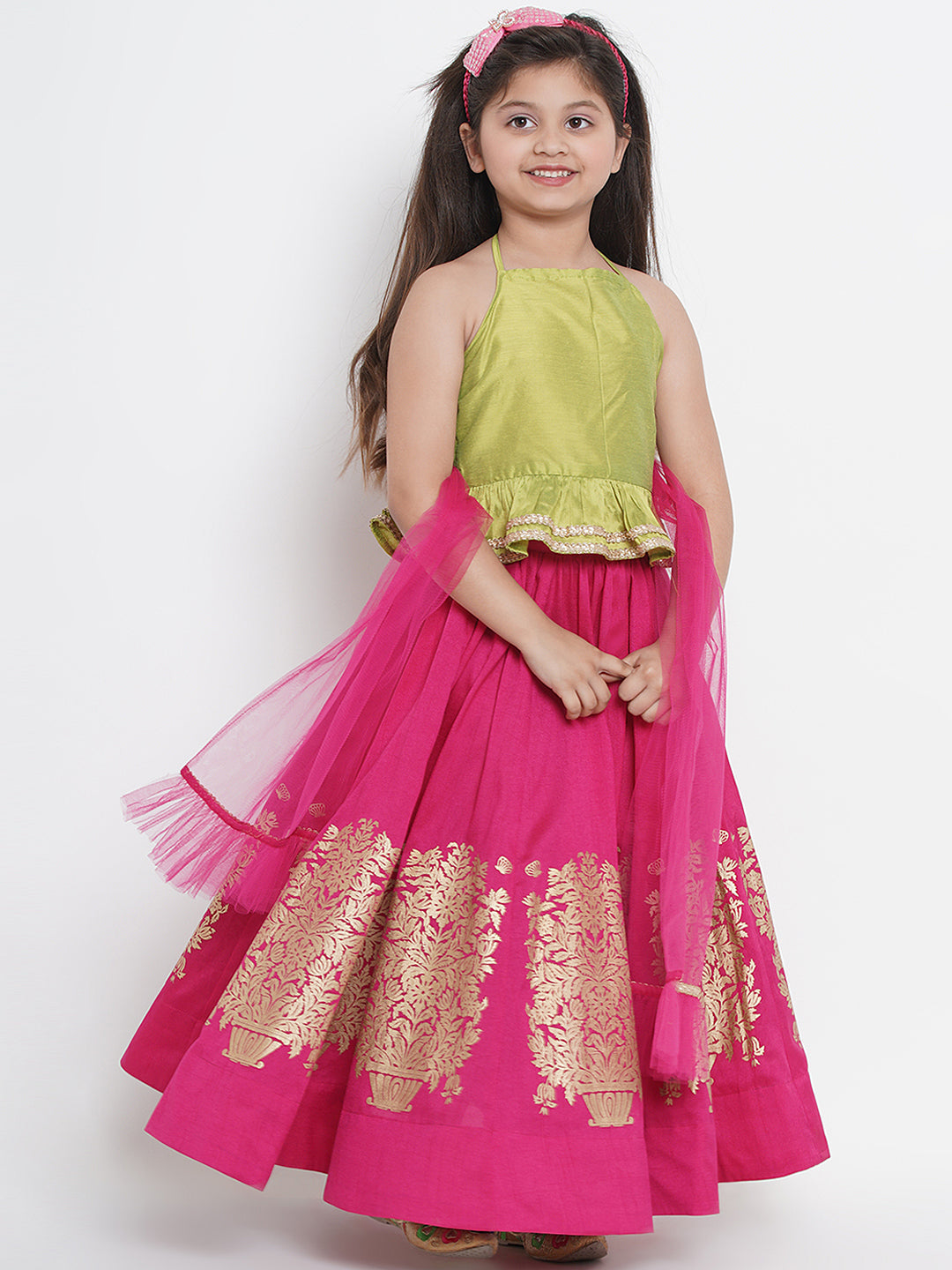 Girls Green & Fuchsia Solid Ready To Wear Lehenga & Blouse With Dupatta for Kids - Bhama - Distacart