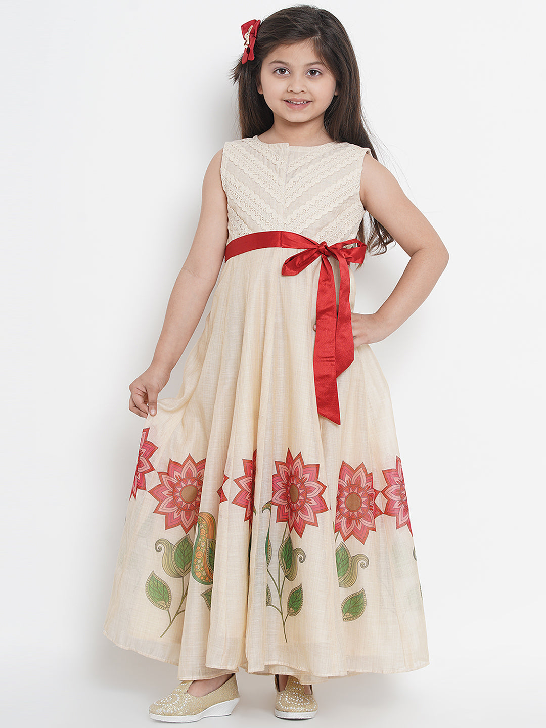 Beige & Red Floral Maxi Dress for Kids - Bhama - Distacart