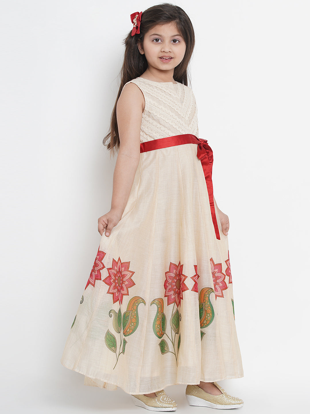 Beige & Red Floral Maxi Dress for Kids - Bhama - Distacart
