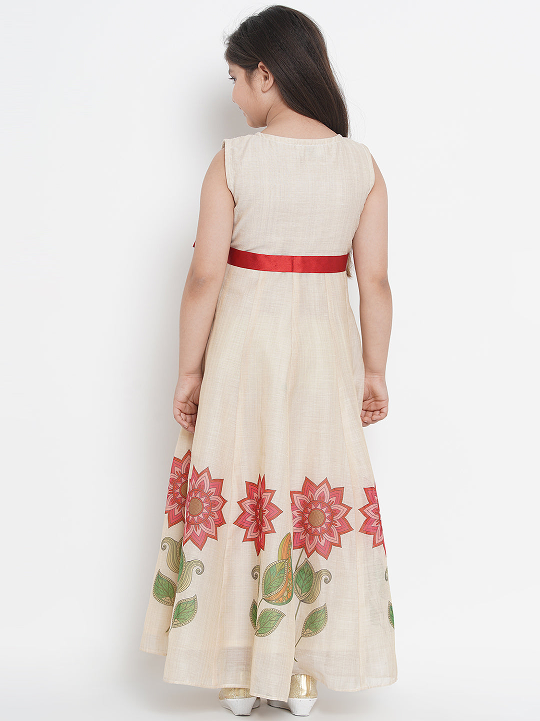 Beige & Red Floral Maxi Dress for Kids - Bhama - Distacart