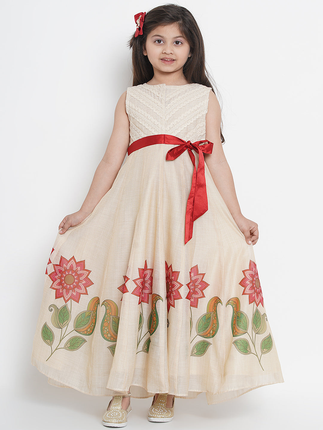 Beige & Red Floral Maxi Dress for Kids - Bhama - Distacart