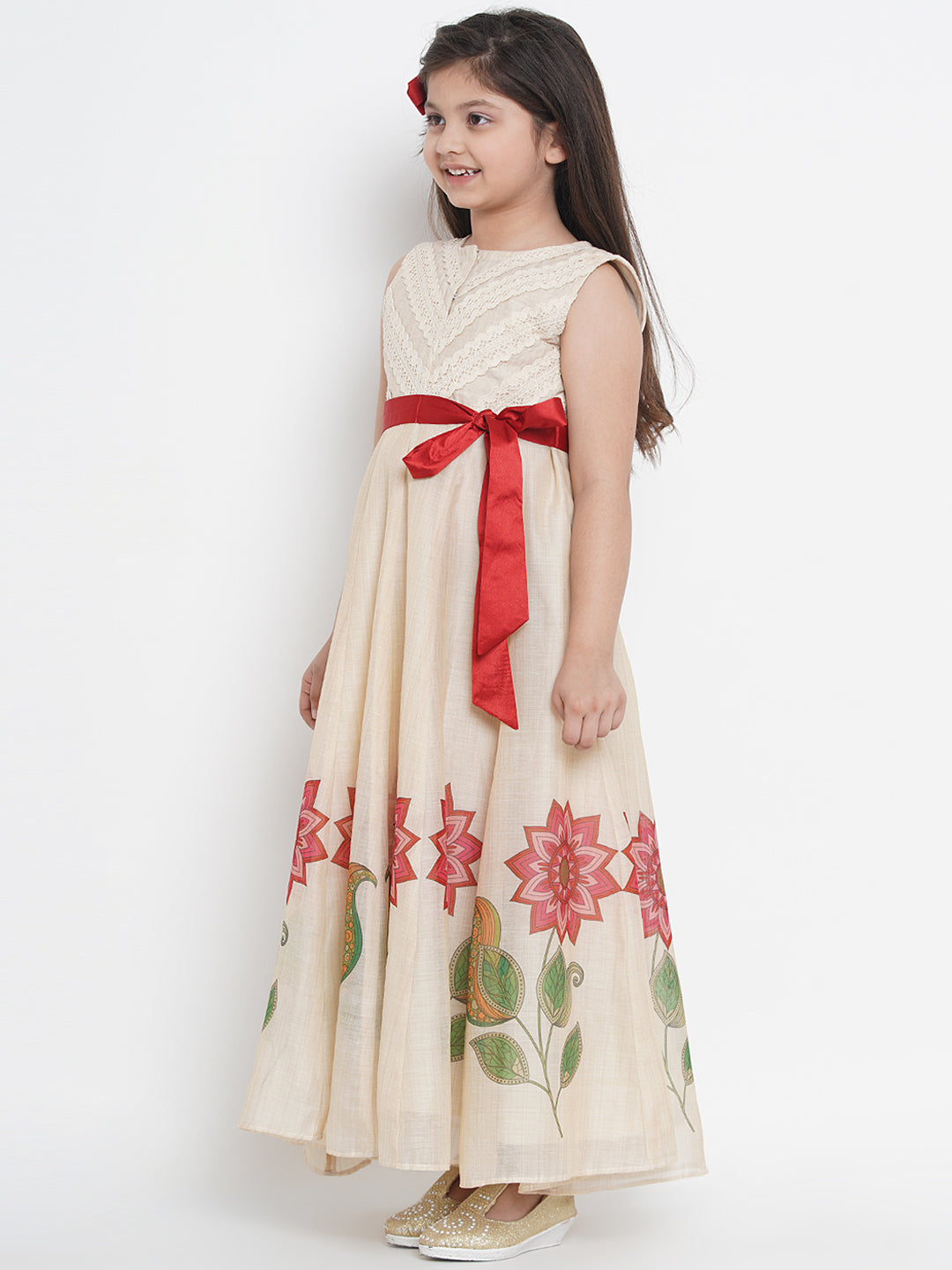 Beige & Red Floral Maxi Dress for Kids - Bhama - Distacart