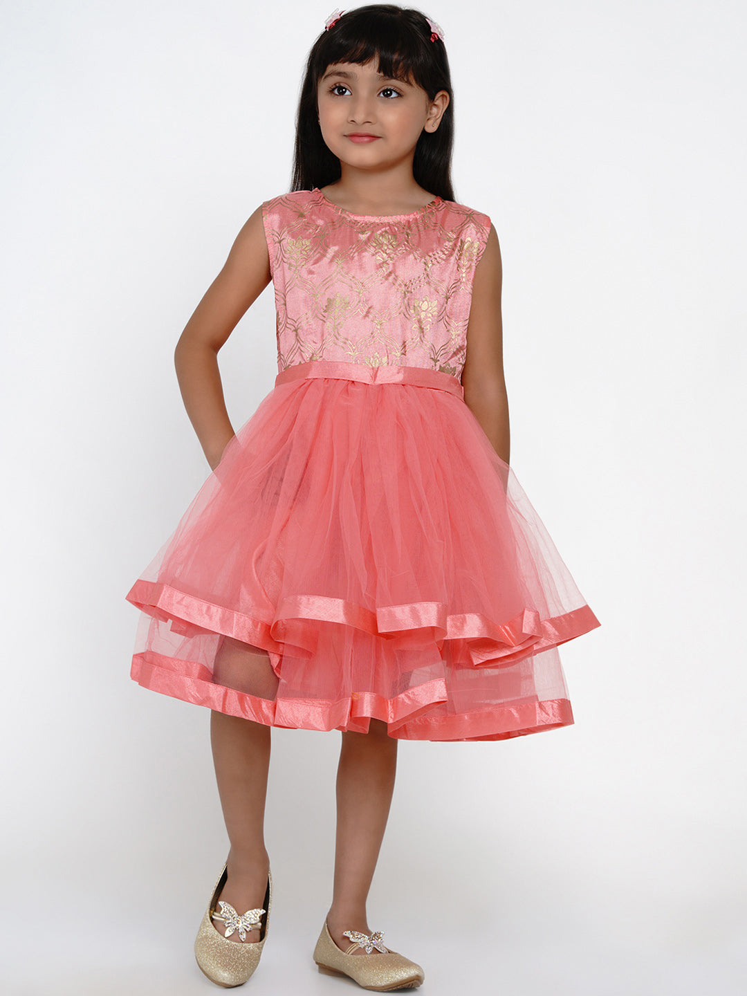 Girls Peach-Coloured Self Design Fit and Flare Dress for Kids - Bhama - Distacart