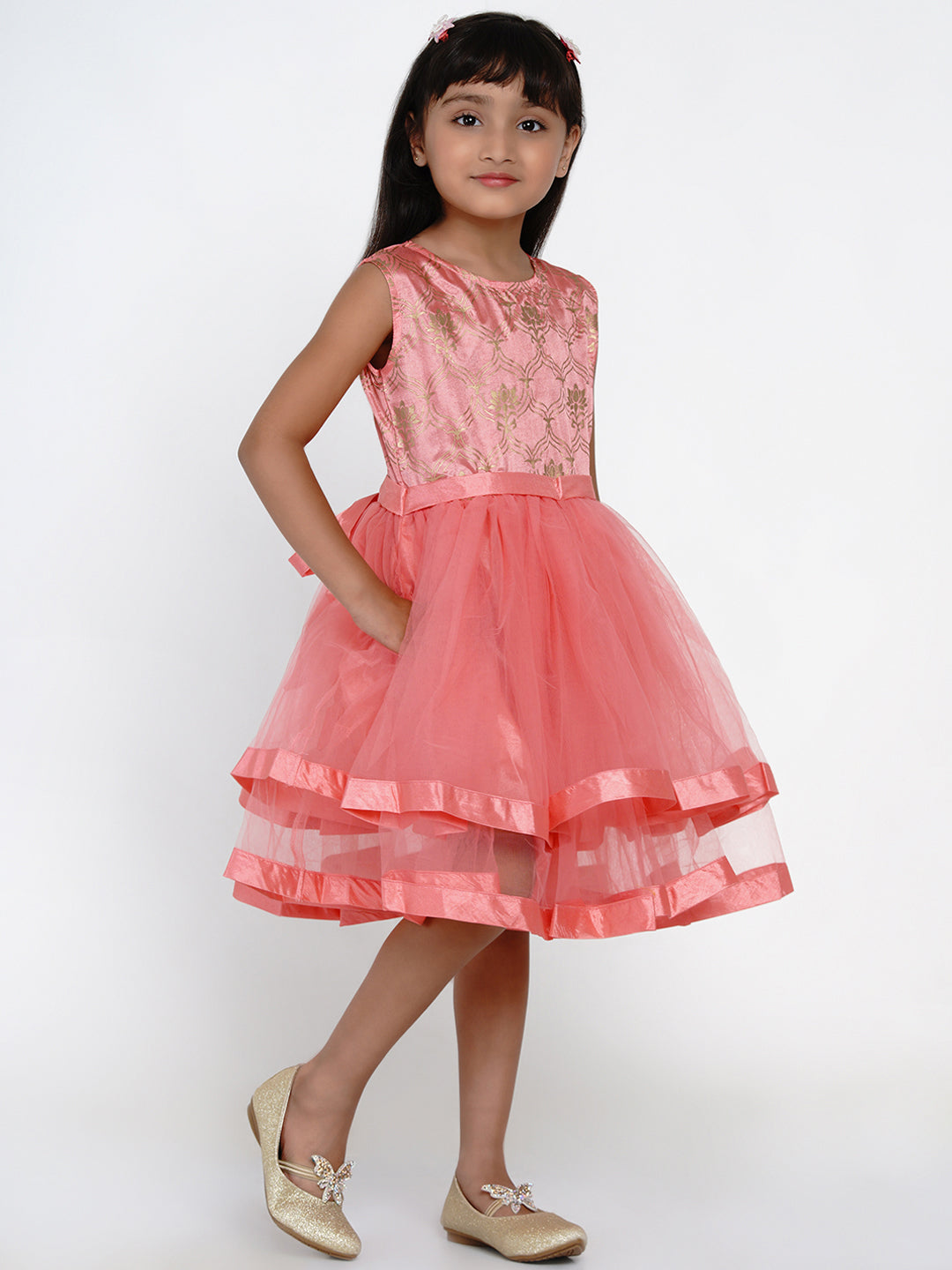Girls Peach-Coloured Self Design Fit and Flare Dress for Kids - Bhama - Distacart
