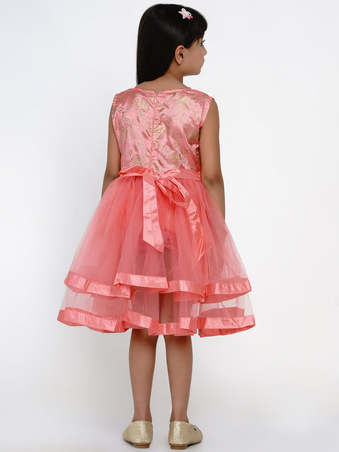 Girls Peach-Coloured Self Design Fit and Flare Dress for Kids - Bhama - Distacart