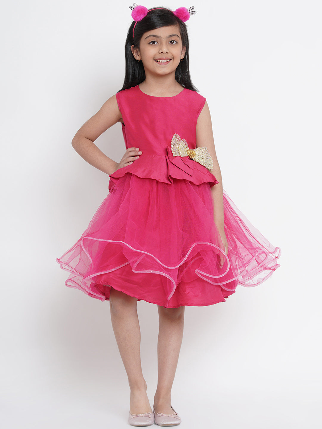 Girls Fuchsia Pink Embellished Fit And Flare Dress for Kids - Bhama - Distacart