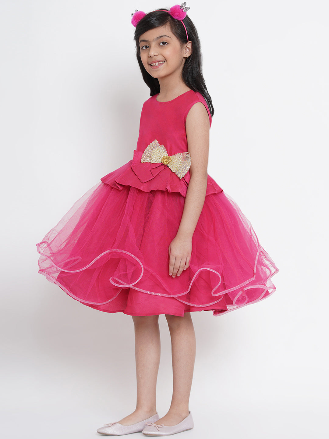 Girls Fuchsia Pink Embellished Fit And Flare Dress for Kids - Bhama - Distacart