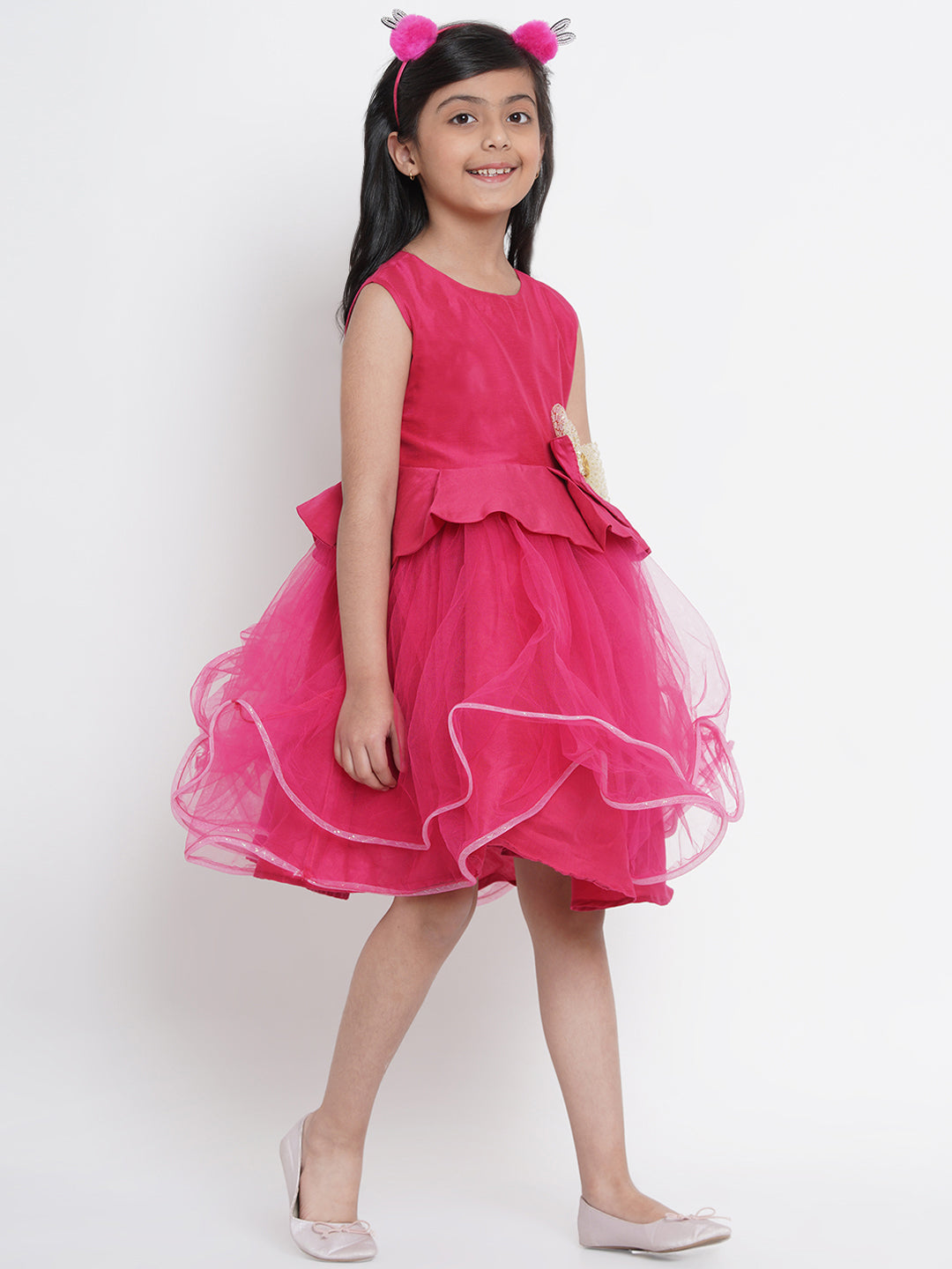 Girls Fuchsia Pink Embellished Fit And Flare Dress for Kids - Bhama - Distacart
