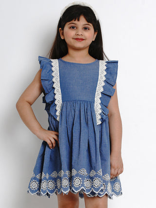 Girls Blue Solid Fit And Flare Dress for Kids - Bhama - Distacart