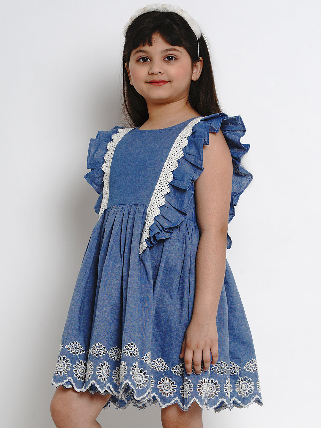 Girls Blue Solid Fit And Flare Dress for Kids - Bhama - Distacart