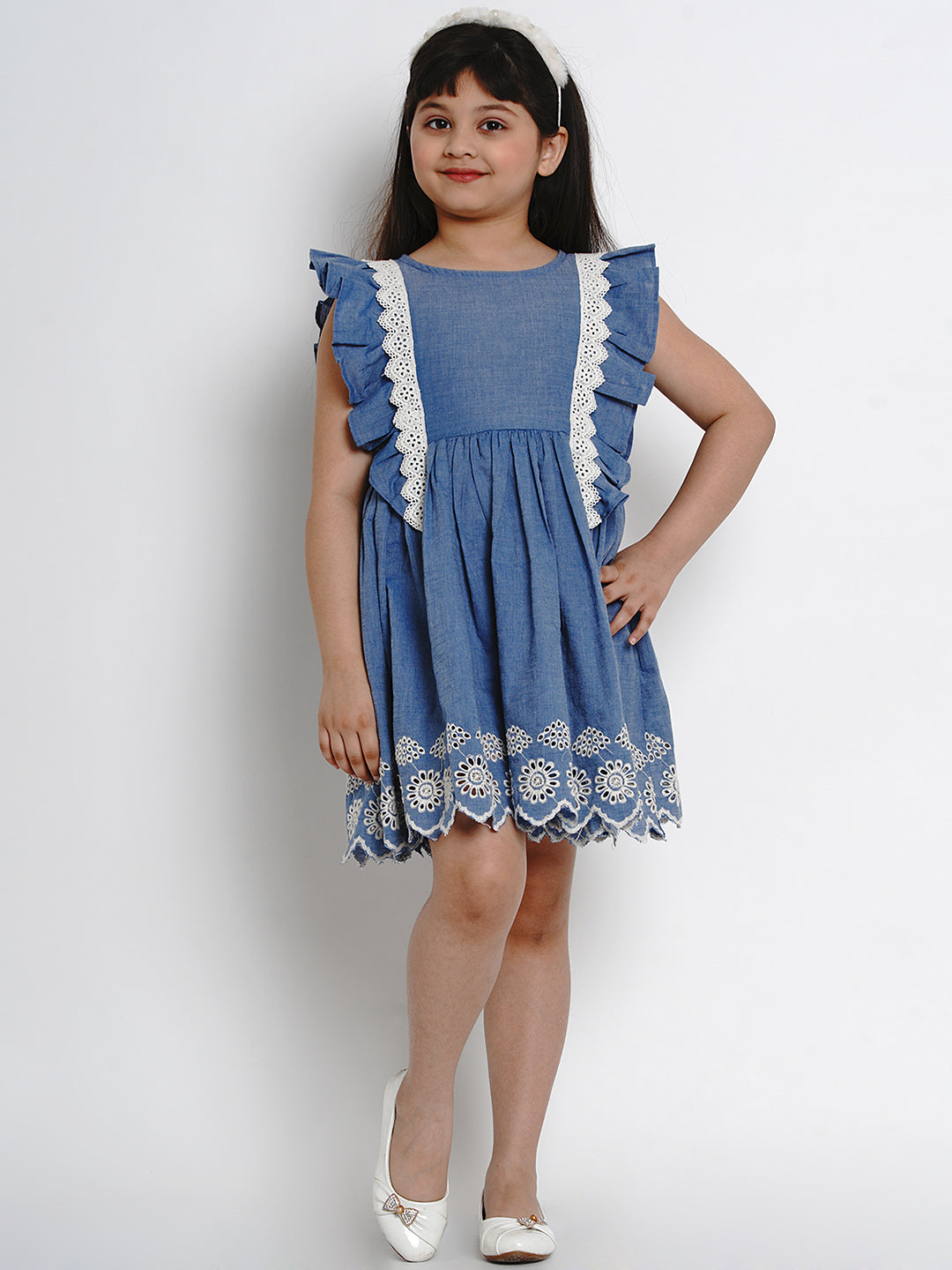 Girls Blue Solid Fit And Flare Dress for Kids - Bhama - Distacart