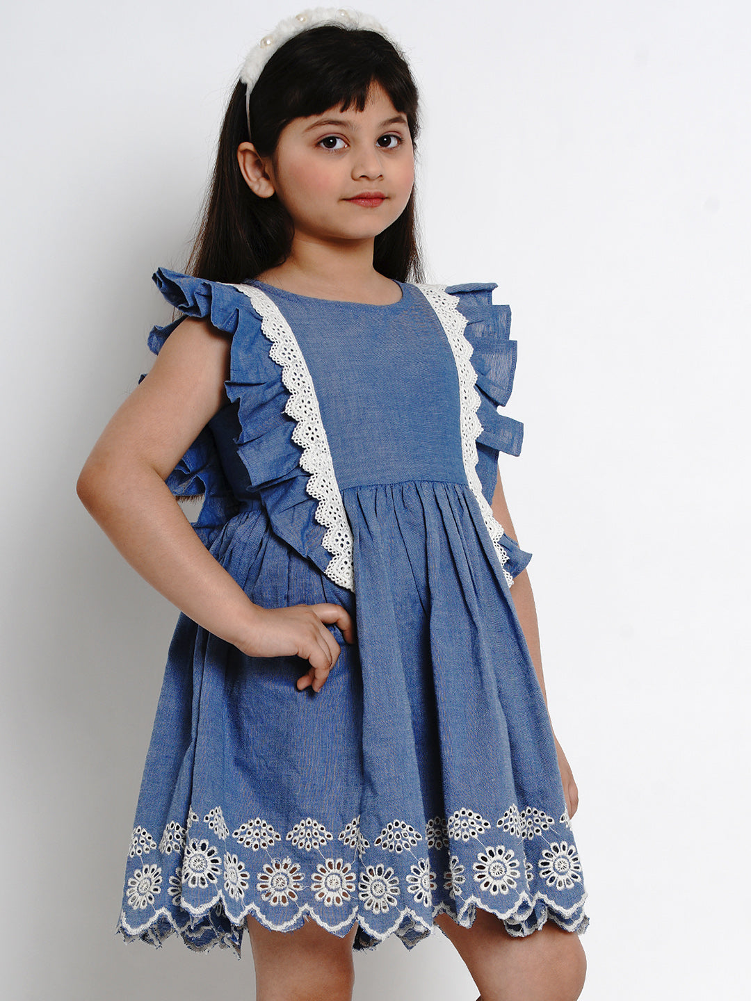Girls Blue Solid Fit And Flare Dress for Kids - Bhama - Distacart
