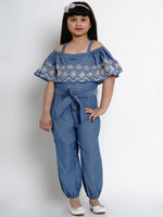 Thumbnail for Girls Blue & Black Solid Basic Jumpsuit for Kids - Bhama - Distacart