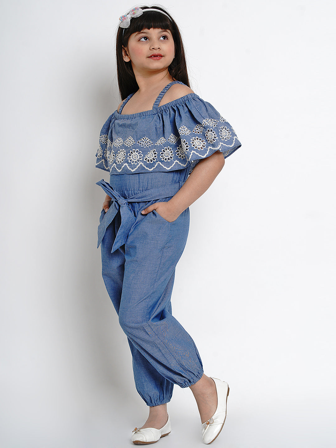 Girls Blue & Black Solid Basic Jumpsuit for Kids - Bhama - Distacart