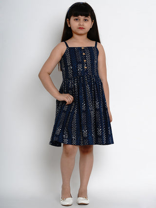 Girls Navy Blue Printed Fit And Flare Dress for Kids - Bhama - Distacart