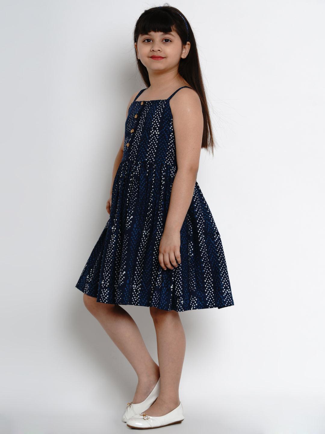 Girls Navy Blue Printed Fit And Flare Dress for Kids - Bhama - Distacart