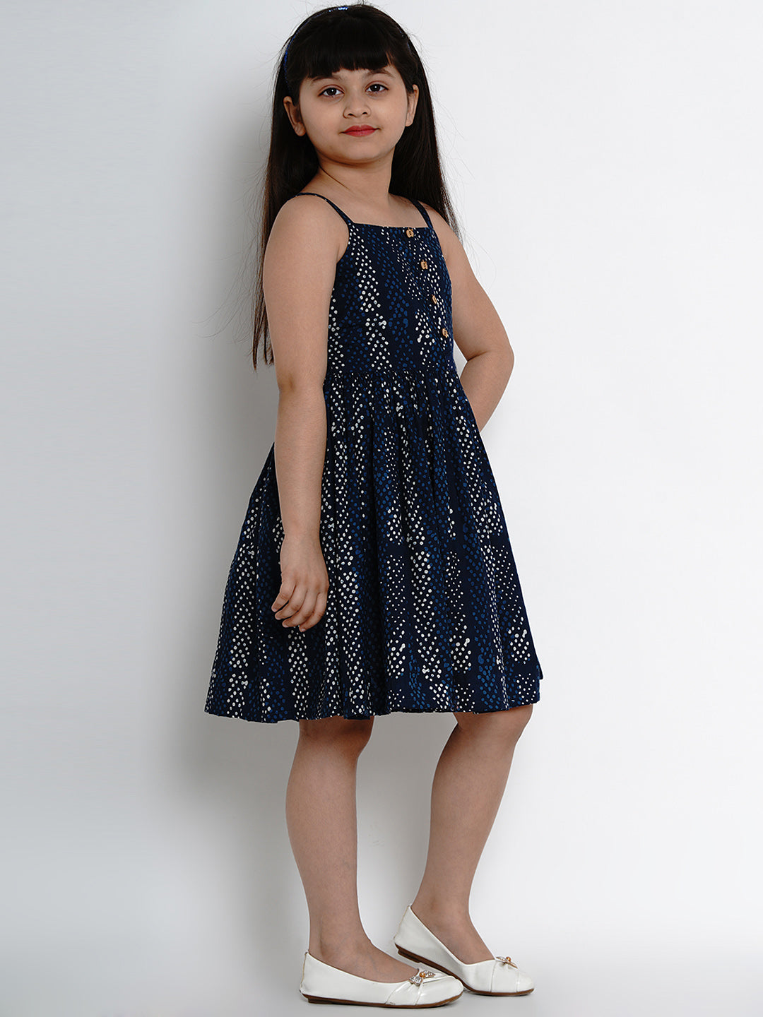 Girls Navy Blue Printed Fit And Flare Dress for Kids - Bhama - Distacart