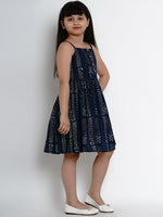 Thumbnail for Girls Navy Blue Printed Fit And Flare Dress for Kids - Bhama - Distacart