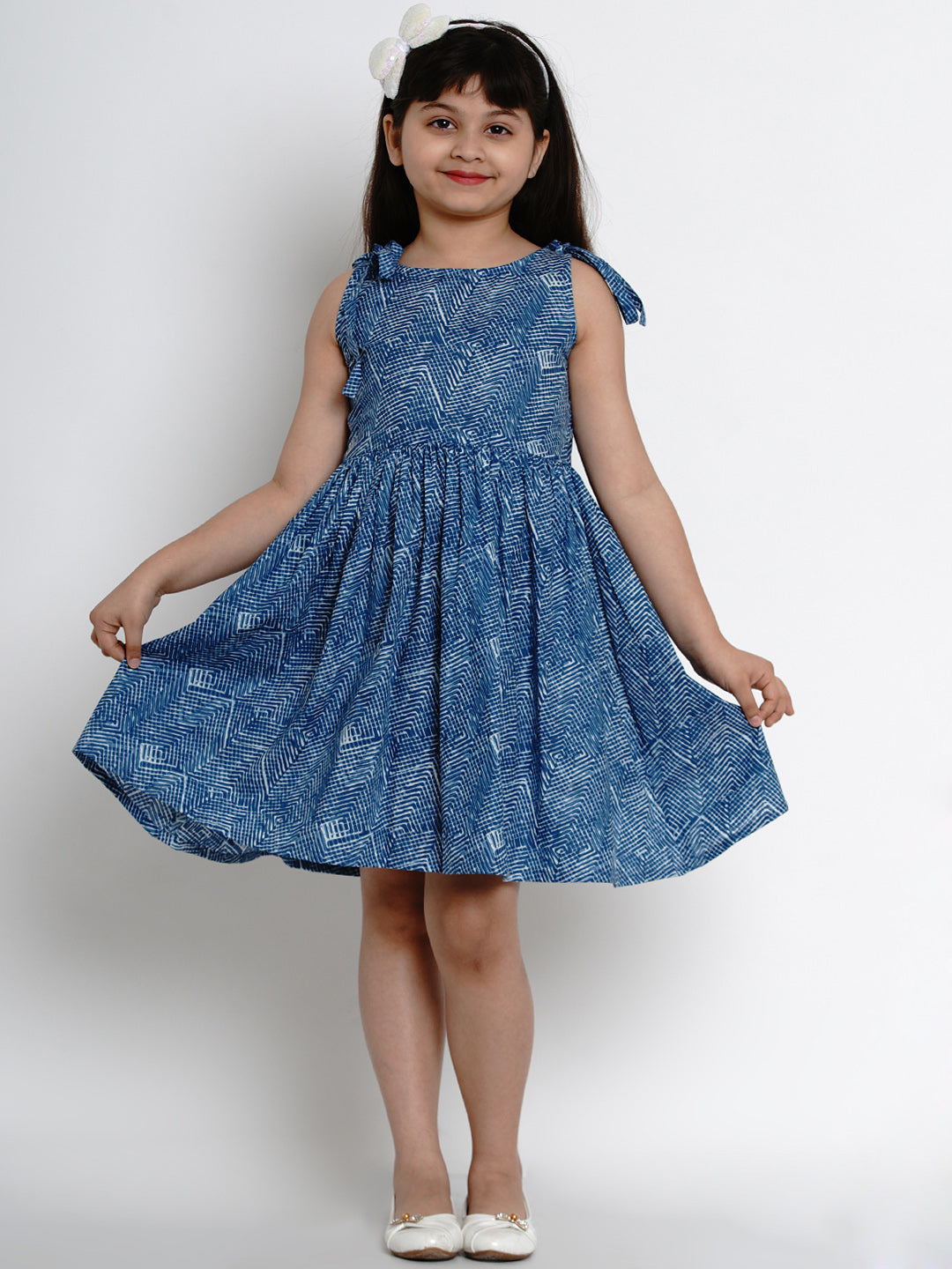 Girls Blue Printed Fit And Flare Dress for Kids - Bhama - Distacart