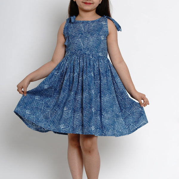 Girls Blue Printed Fit And Flare Dress for Kids - Bhama - Distacart
