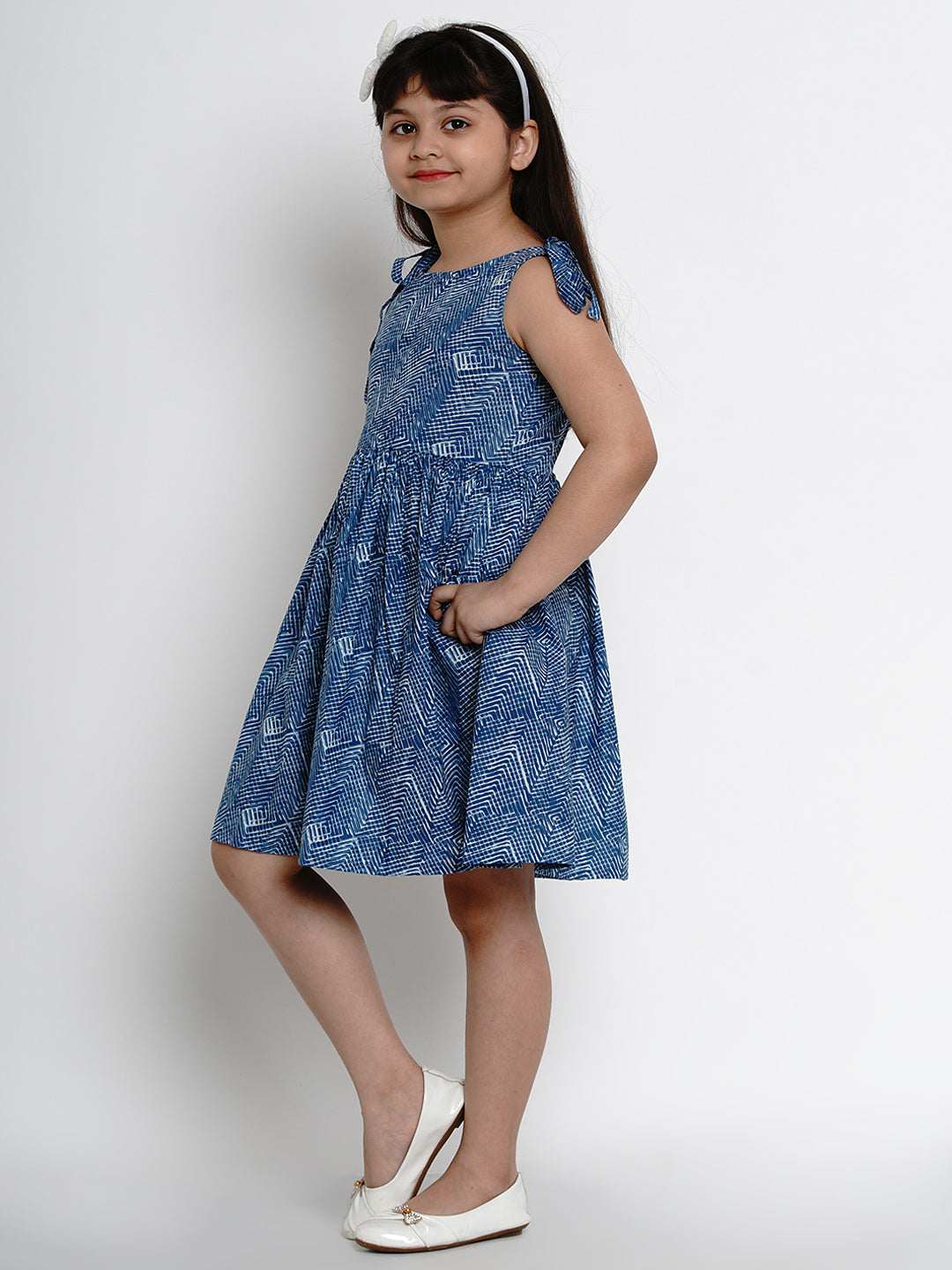 Girls Blue Printed Fit And Flare Dress for Kids - Bhama - Distacart
