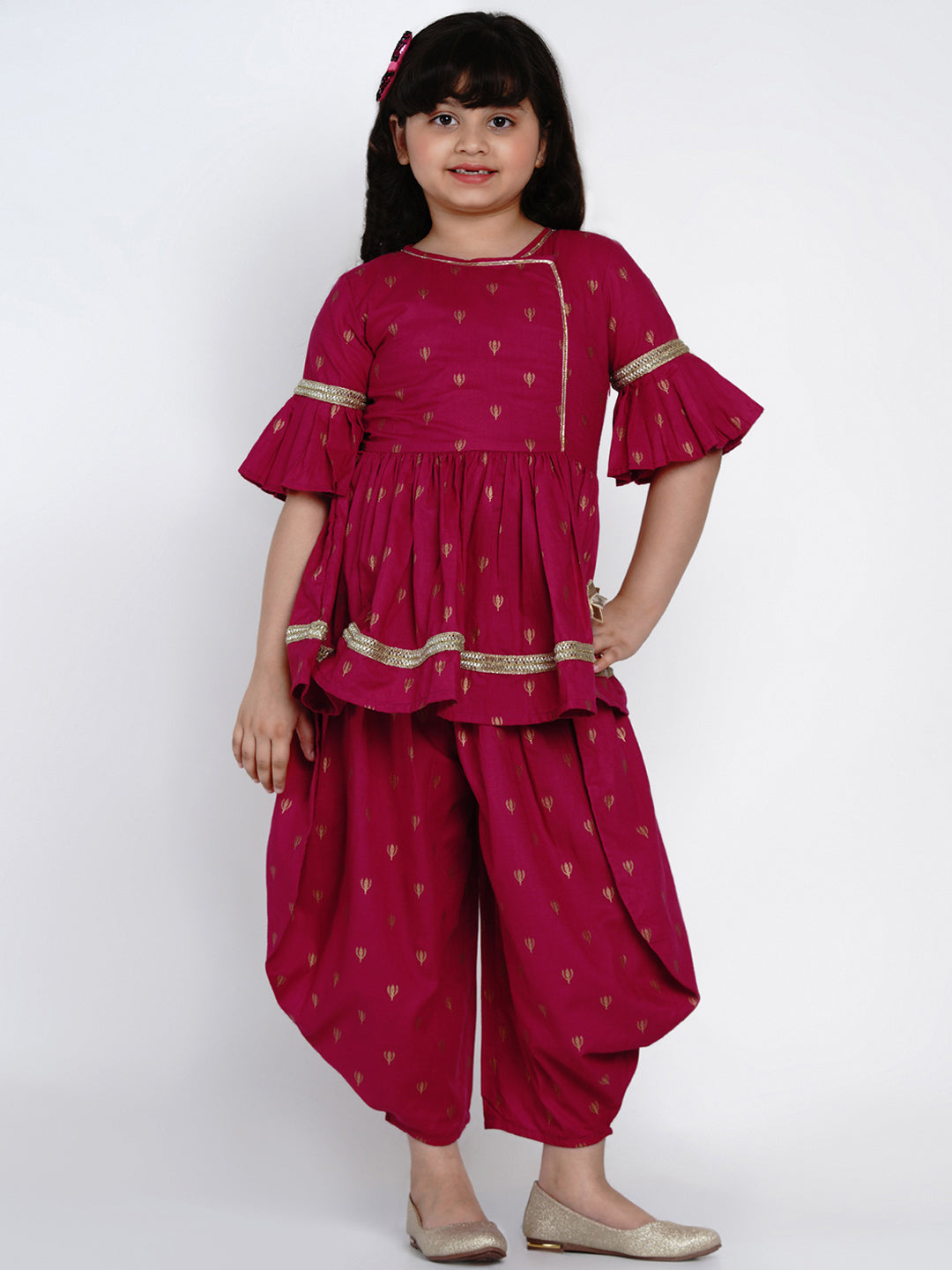 Girls Magenta Printed Kurti with Dhoti Pants for Kids - Bhama - Distacart