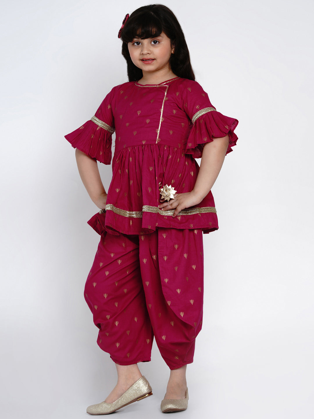 Girls Magenta Printed Kurti with Dhoti Pants for Kids - Bhama - Distacart