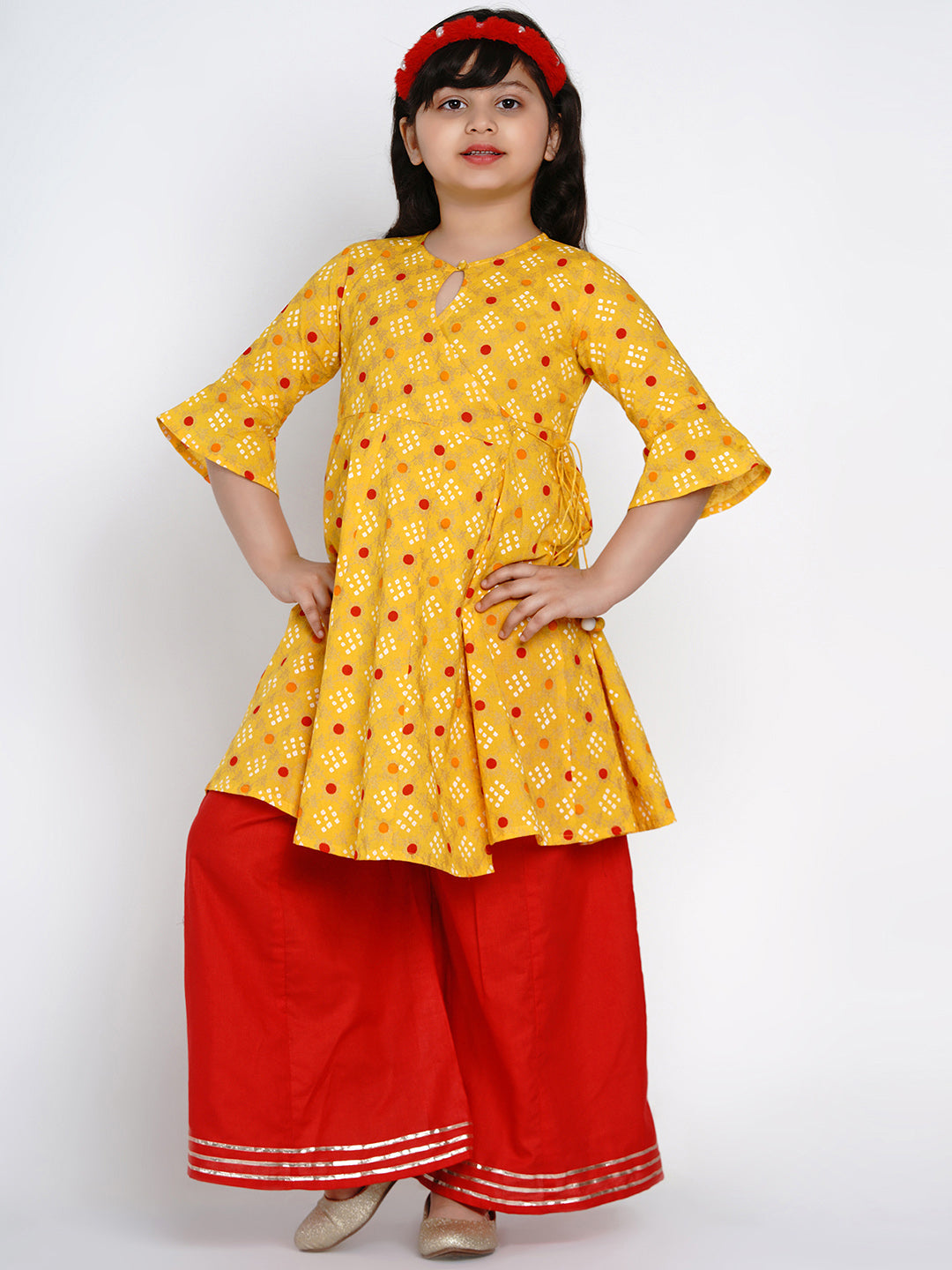 Girls Yellow & Red Printed Kurta With Palazzos for Kids - Bhama - Distacart