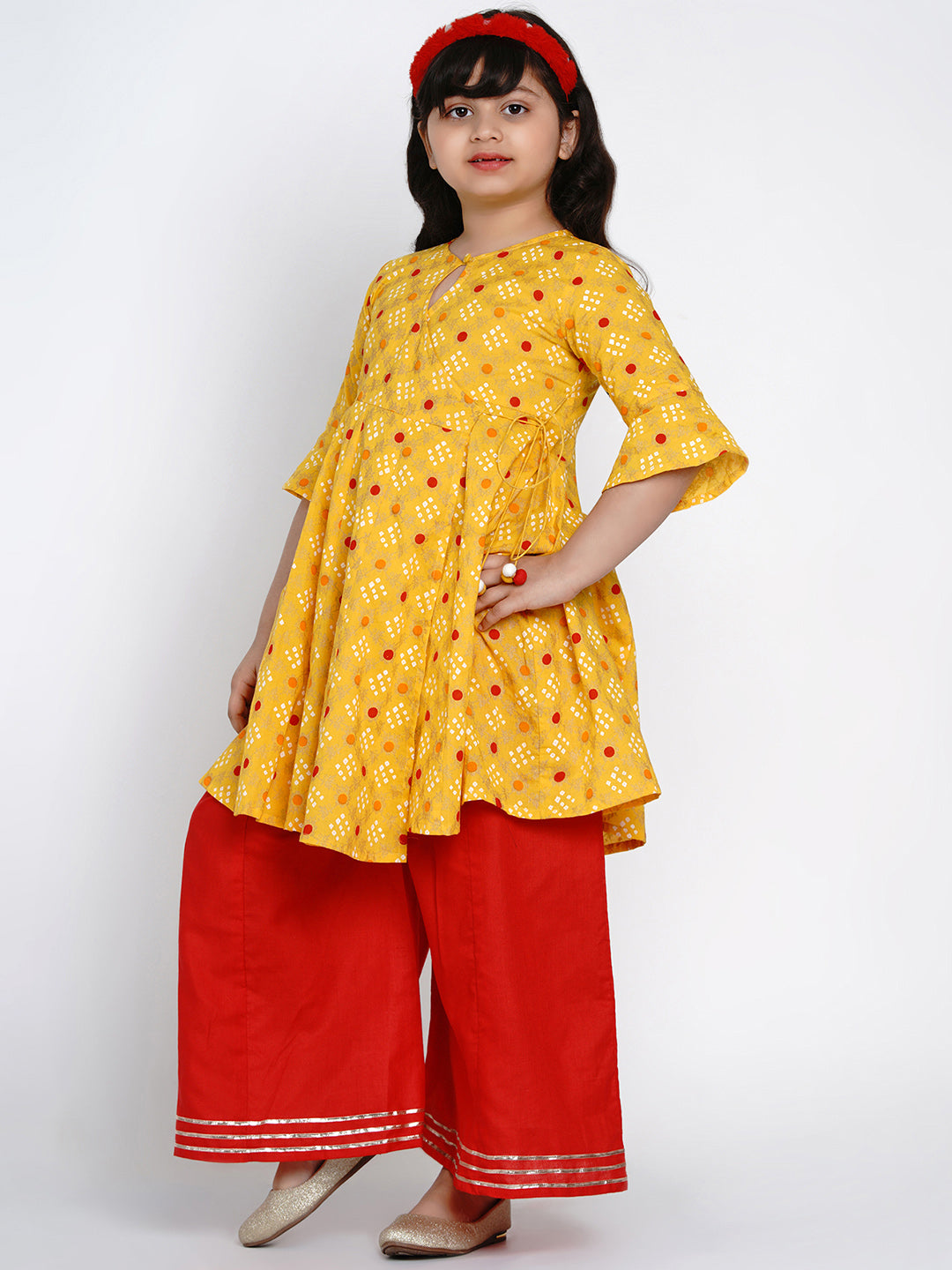 Girls Yellow & Red Printed Kurta With Palazzos for Kids - Bhama - Distacart