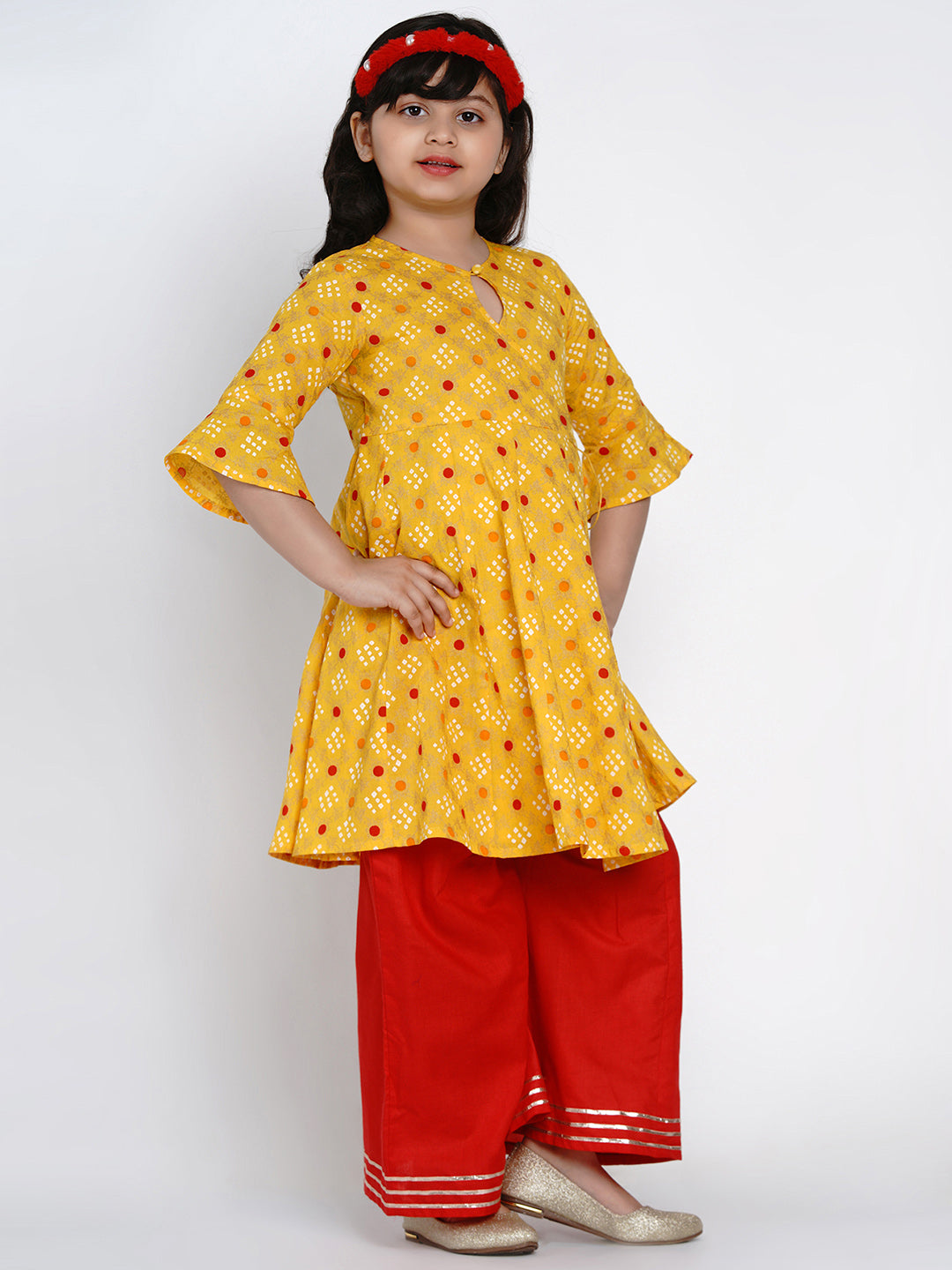 Girls Yellow & Red Printed Kurta With Palazzos for Kids - Bhama - Distacart