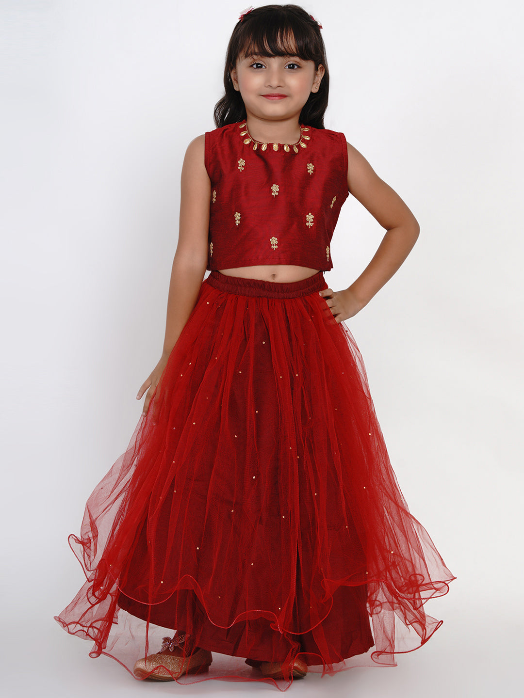 Girls Maroon & Gold-Toned Embroidered Ready to Wear Lehenga Choli for Kids - Bhama - Distacart
