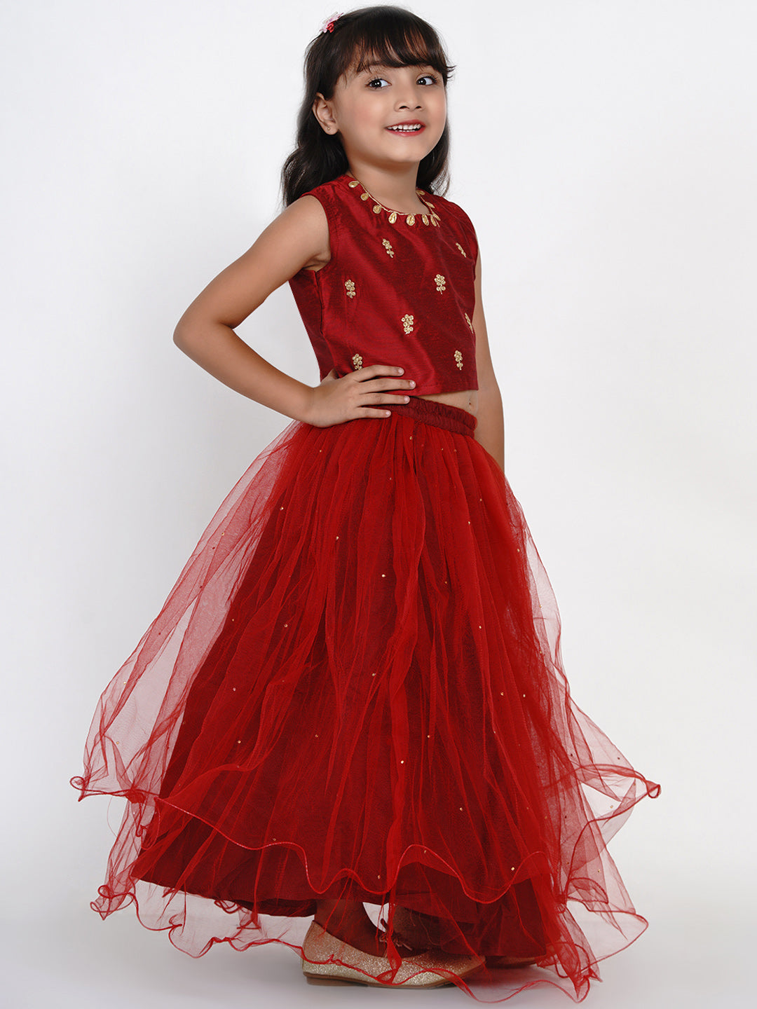 Girls Maroon & Gold-Toned Embroidered Ready to Wear Lehenga Choli for Kids - Bhama - Distacart