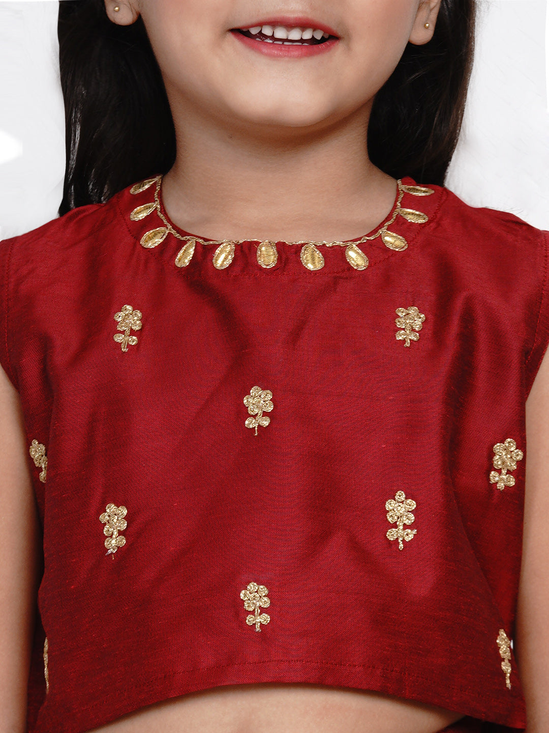 Girls Maroon & Gold-Toned Embroidered Ready to Wear Lehenga Choli for Kids - Bhama - Distacart
