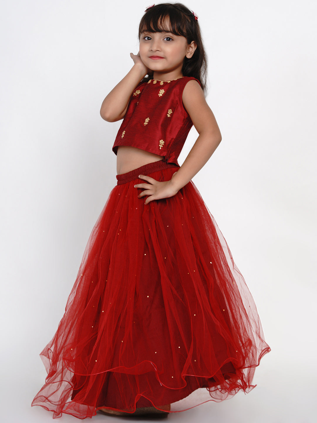 Girls Maroon & Gold-Toned Embroidered Ready to Wear Lehenga Choli for Kids - Bhama - Distacart