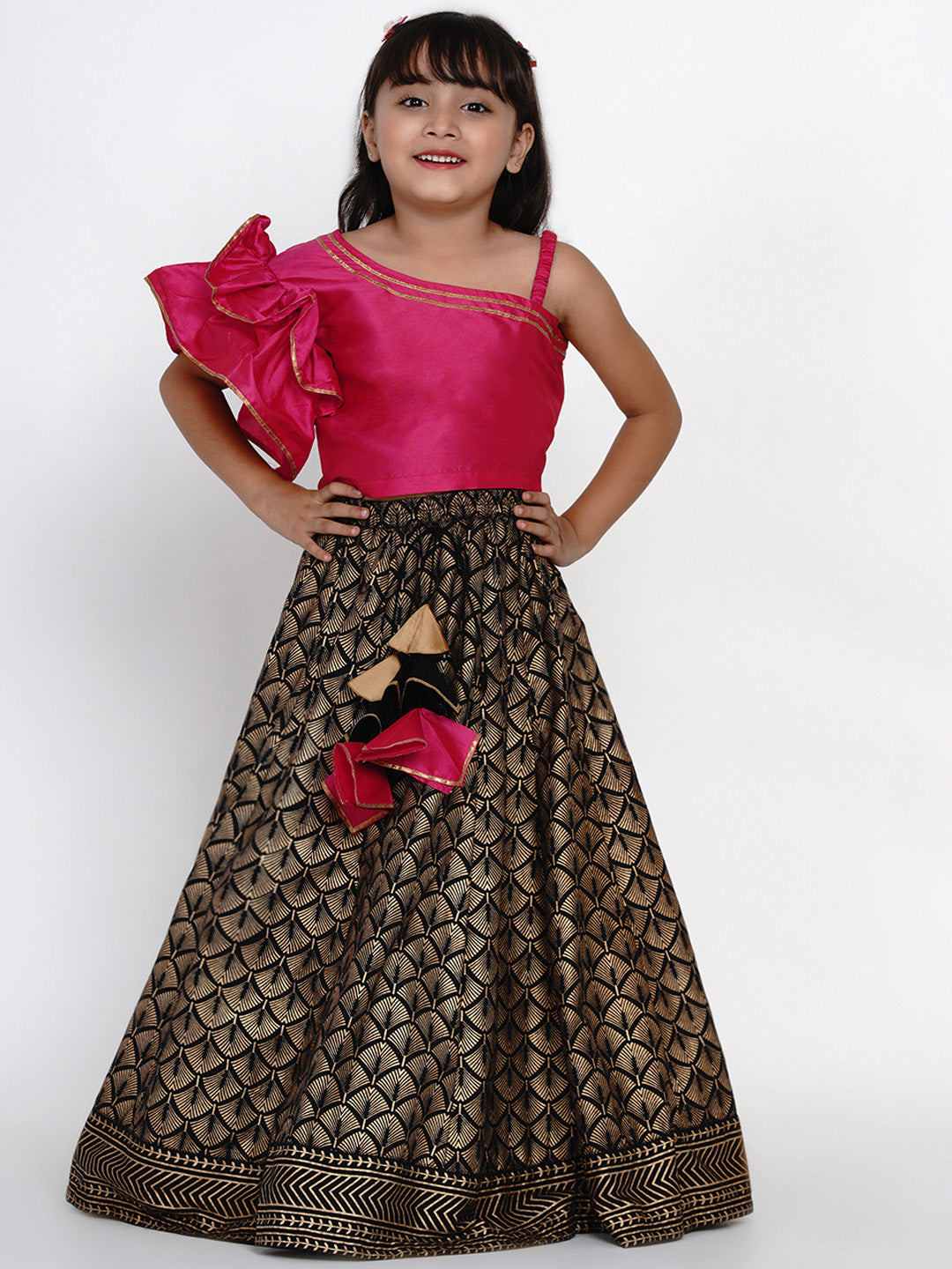 Girls Pink & Black Printed Ready to Wear Lehenga & Blouse for Kids - Bhama - Distacart